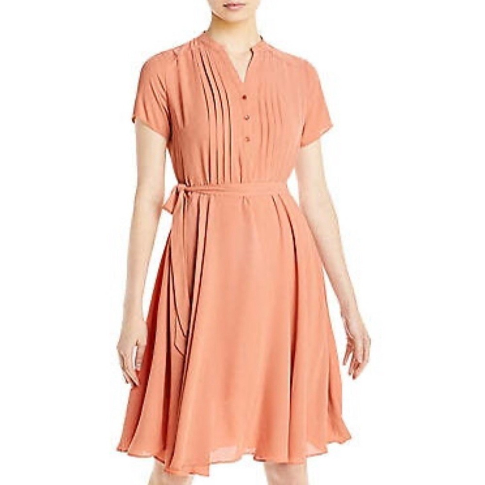 Nanette Lepore Coral Pink Short Sleeve Pleated Waist Tie Dress